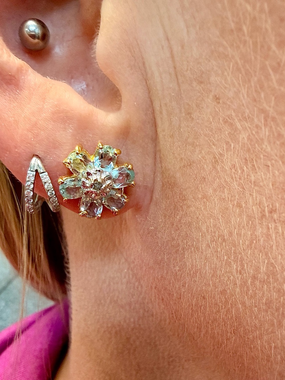 5 CTW Swiss Blue Topaz Diamond 18K Gold Sterling Silver Flower Earrings - Picture 5 of 15